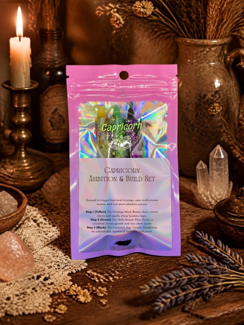 3pc Capricorn Ambition & Build Spell Candle Set Hand Dressed Bundle